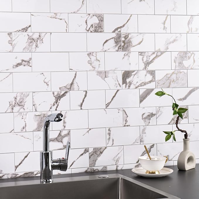 StyloVue 100 Pieces Peel and Stick Backsplash for Kitchen, 3" x 6" PVC Subway Tile 2026 Upgraded White Marble with Gold Accent Backsplash Stick on Tile Elevate Kitchen Fireplace RV