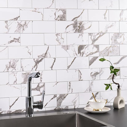 StyloVue 100 Pieces Peel and Stick Backsplash for Kitchen, 3" x 6" PVC Subway Tile 2026 Upgraded White Marble with Gold Accent Backsplash Stick on Tile Elevate Kitchen Fireplace RV