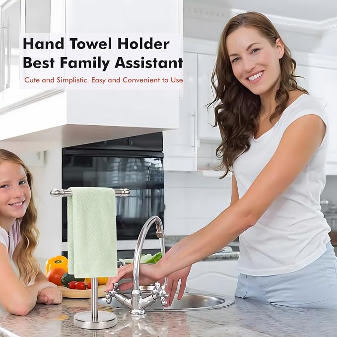 Hand Towel Holder, T-Shape Hand Towel Stand for Bathroom, Stand Hand Towel Rack Free-Standing Towel Bar for Bathroom Kitchen Countertop, Stainless Steel (Brushed Nickel)