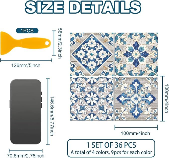 36pcs 4 Styles Blue-Gray Pattern Tile Stickers Retro Pattern Gray Wood Grain Waterproof PVC Tile Decals for Kitchen Bathroom 4x4 inch