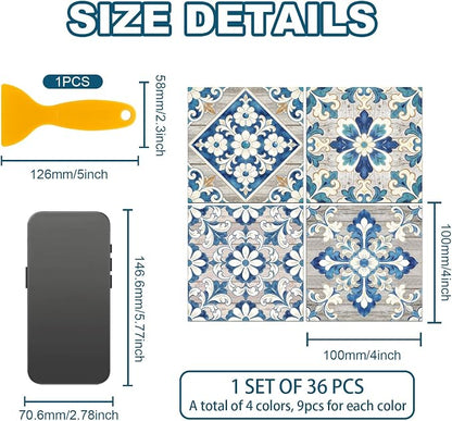 36pcs 4 Styles Blue-Gray Pattern Tile Stickers Retro Pattern Gray Wood Grain Waterproof PVC Tile Decals for Kitchen Bathroom 4x4 inch