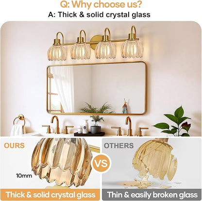 4-Light Bathroom Light Fixtures, 27" Brushed Gold Vanity Lights for Bathroom with Ribbed Amber Tulip Glass Shade, Vintage Bathroom Vanity Lighting Fixtures Over Mirror for Bedroom Living Room Hallway