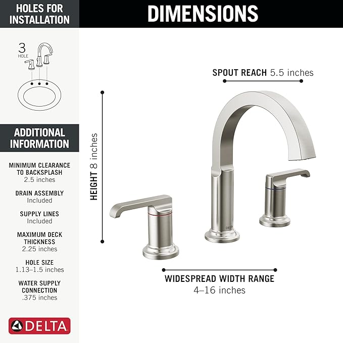 Delta Faucet Tetra Brushed Nickel Widespread Bathroom Faucet 3 Hole, Bathroom Faucet for Bathroom Sink, Bathroom Sink Faucet, Diamond Seal Technology, Metal Drain, Lumicoat Stainless 35588-SS-PR-DST