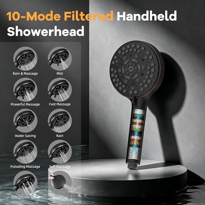 Hibbent 13'' Showerhead Combo, 10 Mode Filtered Handheld, Oil-Rubbed Bronze | High Pressure 5-Spray Showerhead, 4-way Diverter, Upgraded Heightened All Metal Extension Arm, 71'' Hose & Holder, Easy Reach