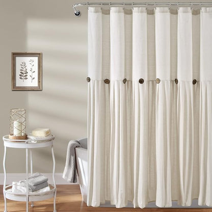 Lush Decor Linen Button Shower Curtain, 72" W x 78" L, Off White - Extra Long Shower Curtains - White Shower Curtain Fabric - Farmhouse Bathroom Decor