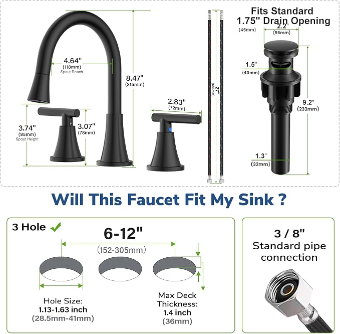 8 Inch Pull Out Sprayer Bathroom Faucet 3 Hole, Widespread 2 Handle Sink Faucet with Pop Up Drain and Supply Lines, Stainless Steel for Vanity, RV, Matte Black