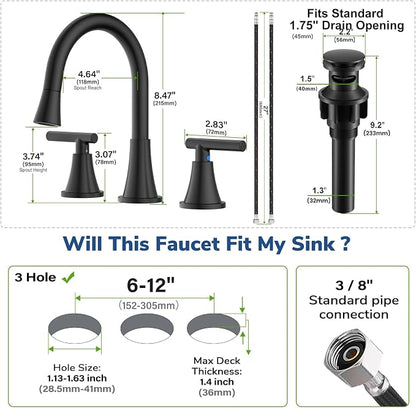 8 Inch Pull Out Sprayer Bathroom Faucet 3 Hole, Widespread 2 Handle Sink Faucet with Pop Up Drain and Supply Lines, Stainless Steel for Vanity, RV, Matte Black