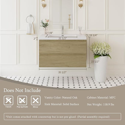 Floating Bathroom Vanity with Sink, 36" Wall-Mounted Bathroom Vanity | Resin Top Basin and Soft Close Drawers, No Assembly Required, Natural Oak