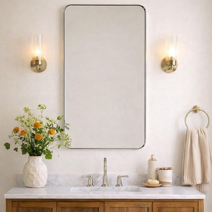 GRACTO 24x30'' Chrome Metal Framed Bathroom Mirror for Wall in Stainless Steel Rounded Rectangular Bathroom Vanity Mirrors Wall Mounted