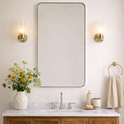 GRACTO 24x30'' Chrome Metal Framed Bathroom Mirror for Wall in Stainless Steel Rounded Rectangular Bathroom Vanity Mirrors Wall Mounted