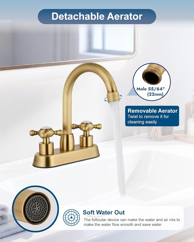 Antique Brass 4 Inch Centerset Bathroom Faucet, Vintage Bathroom Faucet | Lead-Free SUS304 Stainless Steel 4-Inch Vanity Faucet for 2 or 3-Hole Sinks, Cross Handle Design with 360° Swivel Spout
