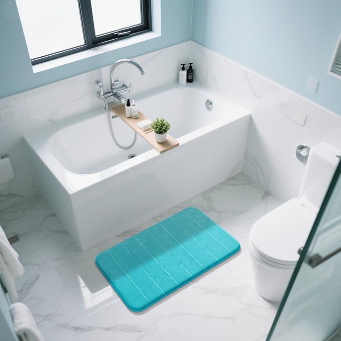 Yimobra Memory Foam Bath Mat, Super Soft Absorbent Bathroom Rug Non Slip 31.5x20 Inch, Quick Dry, Machine Washable Floor Carpet for Tub Shower, Home Decor Accessories, Lake Blue