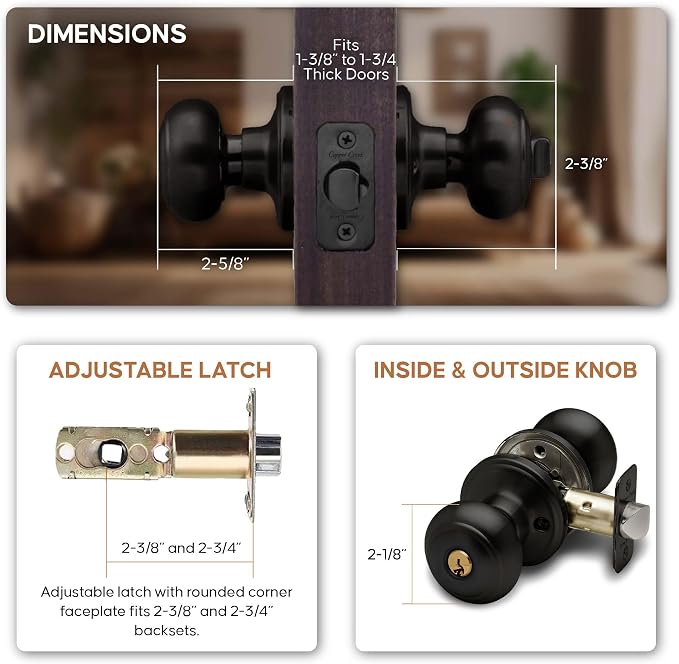 Copper Creek Colonial Entry Door Knob – Keyed Entry Handle with Lock and Key, ANSI Grade-3 Certified, DIY-Friendly Install for Interior and Exterior Entrance Doors – Matte Black (3 Pack)