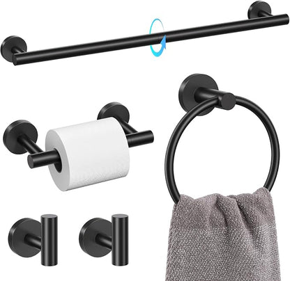 TQKAG 5 Piece Black Bathroom Accessories, 23.6" Bathroom Towel Bar Holder | 23.6" Bathroom Hardware Set, SUS304 Stainless Steel, Double Post Pivoting, Towel Hooks, Toilet Paper Holder Set Wall Mounted