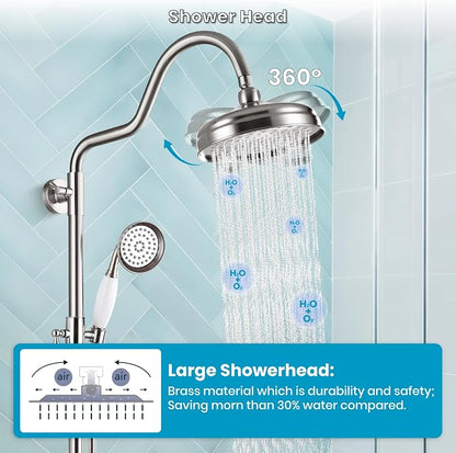 gotonovo Exposed Shower Faucet Set Luxury,Brushed Nickel,Curved Arc Rod | Bathroom 8” Shower Head with Handheld Spray System Fixtures,Vintage Two Cross Handle,Wall Mount,for 5-6.7" Hole,Adjust Height