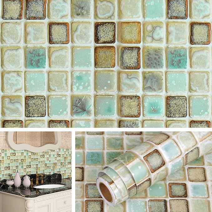 Livelynine Vinyl Bathroom Wallpaper Peel and Stick Backsplash for Kitchen Wall Paper Waterproof Contact Paper for Walls Shower Self Adhesive Vinyl Mosaic Tiles Wall Sticker Green Mosaic 15.8x78.8 Inch