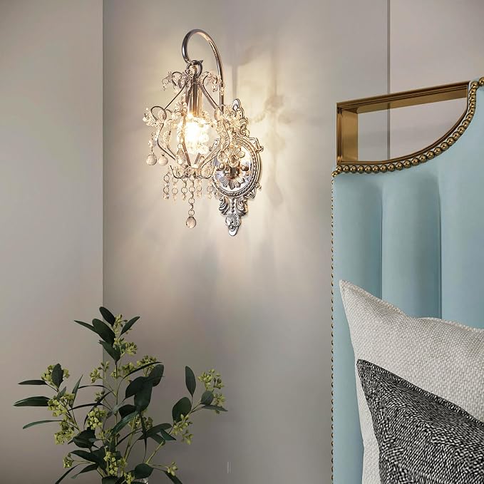 Fetason Indoor Hardwired Silver Crystal Vintage Wall Sconces Light Set of 2 | Modern Wall Mounted Lamp Light Fixture for Bedroom Living Room Bathroom Vanity Light Hallway Light Fixture Decor LED E12