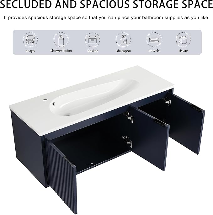 48 Inch Bathroom Vanity with Sink, 48" Floating Vanity, Premium Plywood Wooden Bathroom Cabinet with Soft Close Doors and Waterdrop-Shaped Resin Sink, Modern Wall Mounted Cabinet Set (Stripe Pattern)