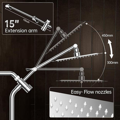 Veken All Metal 10"Luxurious Rain Shower Head with Handheld Spary,Power Jet | Square,Dual High Pressure Showerhead Combo,Double Detachable Shower Heads,Rainfall with Extension Arm,Long Hose,Chrome,Silver