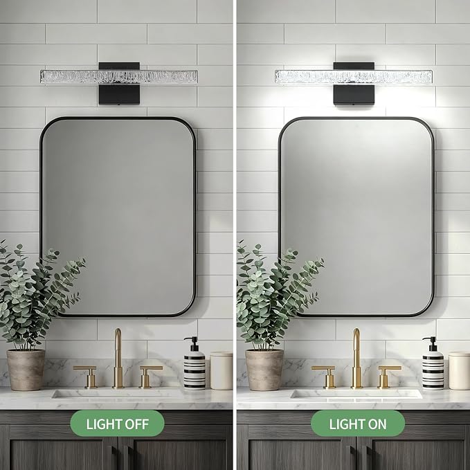 Modern LED Bathroom Vanity Light Fixtures, 16-Inch Black Wall Sconce with Iceberg Crackle Acrylic, Linear Bathroom Lighting Over Mirror Cabinet, Non-Dimmable 110V Wall Mount Lamp for Restroom