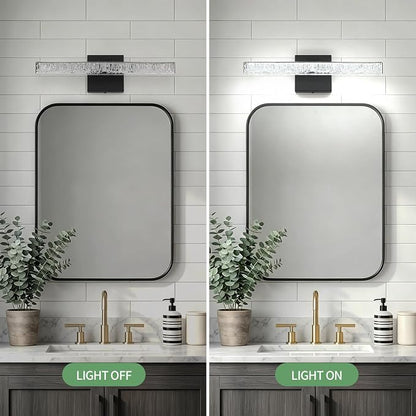 Modern LED Bathroom Vanity Light Fixtures, 16-Inch Black Wall Sconce with Iceberg Crackle Acrylic, Linear Bathroom Lighting Over Mirror Cabinet, Non-Dimmable 110V Wall Mount Lamp for Restroom