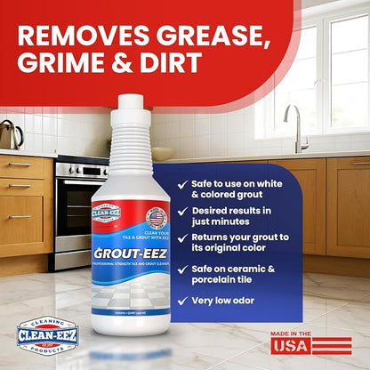 Clean-eez Grout Cleaner 2 Pack with Stand-Up Brush Attachment - Stain Remover Heavy-Duty Scrubber - Bathroom Shower Ceramic Porcelain Tile & Grout Only - Easy Control Flip Top Cap - 32 oz.