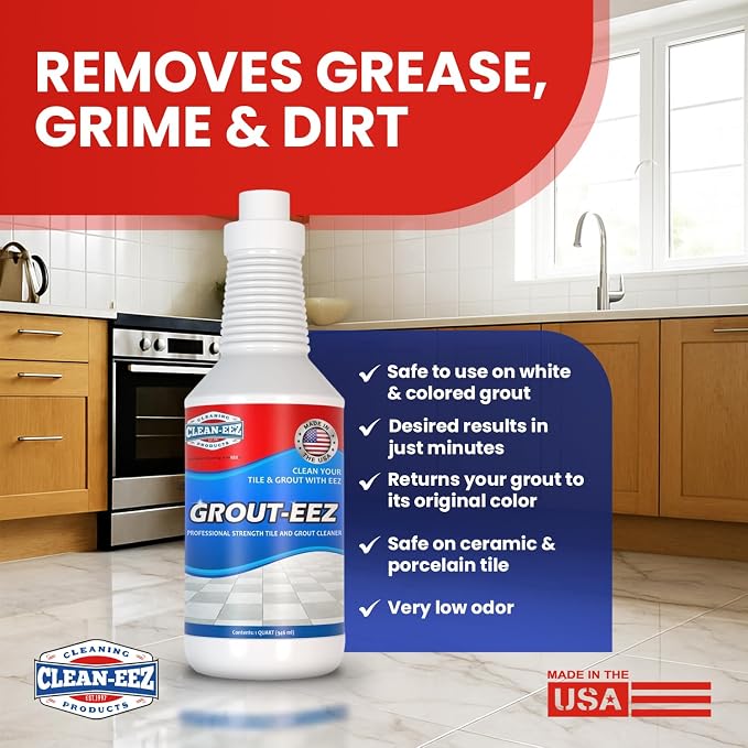 Clean-eez Grout Cleaner 4 Pack with Stand-Up Brush Attachment - Stain Remover Heavy-Duty Scrubber - Bathroom Shower Ceramic Porcelain Tile & Grout Only - Easy Control Flip Top Cap - 32 oz.