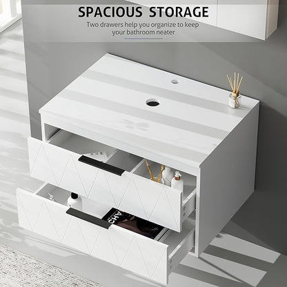 eclife 30" Floating Bathroom Vanities with Sink Combo, Wall Mounted Modern Cabinet W/Diamond Line Pattern Design, Turquoise Square Glass Vessel Sink W/Water Save Faucet & Pop Up Drain, White