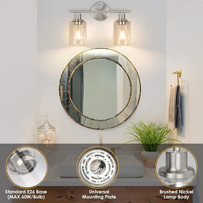 Bathroom Light Fixtures, 2 Light Vanity Light, Silver Wall Sconces Lighting | Modern Bath Wall Mounted Lights with Glass Shade, Porch Wall Lamp for Mirror, Living Room, Bedroom, Brushed Nickel