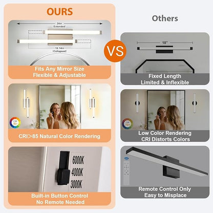 Bathroom Vanity Light Bar, 24 Inch 18W 3CCT Dimmable Modern LED Vanity Wall Light, Brushed Nickel Acrylic Hardwired Bathroom Light Fixtures over Mirror, Powder Room, Hallway, Washroom, Bath Entryway