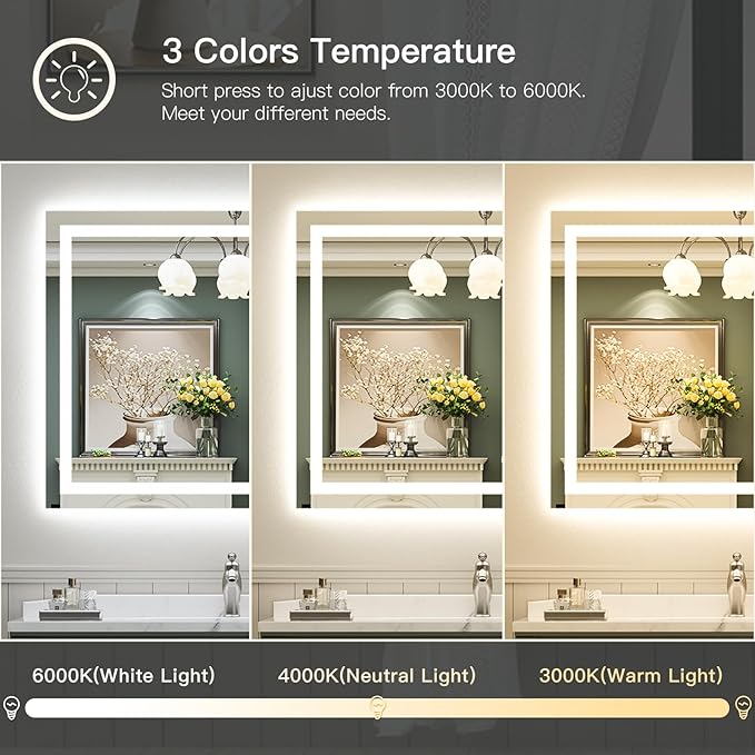 48x40 Inch LED Bathroom Mirror with Lights, Backlit & Front Lit, Anti-Fog Lighted Bathroom Vanity Mirror for Wall, Memory Function, Dimmable, HD Tempered Glass, Shatter-Proof