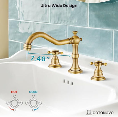 gotonovo Bathroom Faucet 3 Hole 8 Inch Widespread Bathroom Sink Faucet 2 Cross Handles Vintage Lavatory Vanity Mixer Tap with Pop Up Drain, HOT Cold Label, Antique Brass