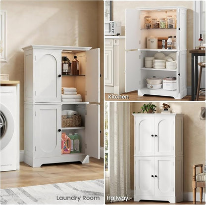 HAIOOU Bathroom Floor Cabinet with Motion Sensor Light, Modern Bathroom Storage Cabinet with Adjustable Glass Shelf, 4 Doors, Ample Storage for Hallway, Laundry Room, Living Room - White