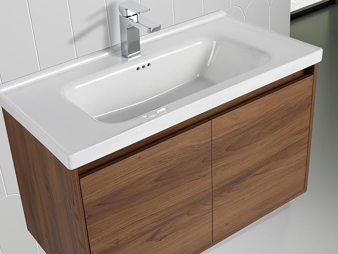 Blossom Modern 32 Inch Floating Bathroom Vanity | Walnut Wood Wall Mount Cabinet & Ceramic Sink | Water-Resistant Wood Core | Soft-Close Minimalist Storage for Master Bath