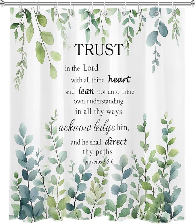 HVEST Sage Green Eucalyptus Shower Curtain with Hooks, Green Leaf and Bible Verse Inspirational Quotes on White Shower Curtain for Bathroom Nature Plant Botanical Shower Curtain Set,72L X 48W inches