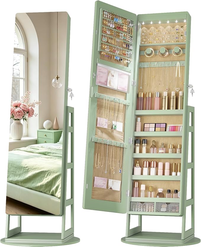 LVSOMT Standing Jewelry Mirror Organizer 6 LED Swivel Jewelry Cabinet Green | Framelss Full Length Mirror with Jewelry Storage, Lockable Jewelry Armoire with 4 Rear Shelves and Hooks for Women Gift