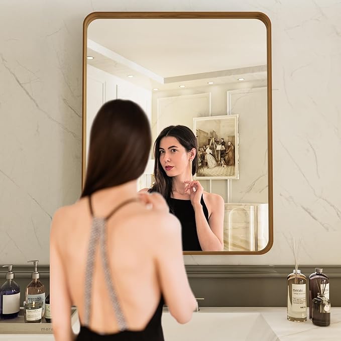 LOAAO 30X36 Inch Bathroom Mirror with Wood Grain Colored Metal Frame | Rounded Rectangle Metal Framed, Anti-Rust, Hangs Horizontally or Vertically, Tempered Glass