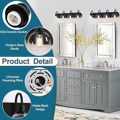 Dpyrrhic Industrial Bathroom Vanity Light， 4-Light Bathroom Lights Over Mirror with Clear Glass Globe Shade and Metal Base, Matte Black Bathroom Vanity Light Fixture