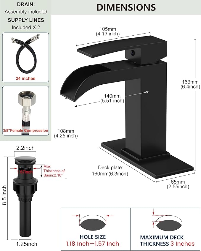 Midanya Waterfall Bathroom Faucet, Single Handle Bathroom Sink Faucet for Sink 1 or 4 Inch 3 Hole, Stainless Steel Vanity Faucets with Deck Plate and Pop up Drain,Matte Black