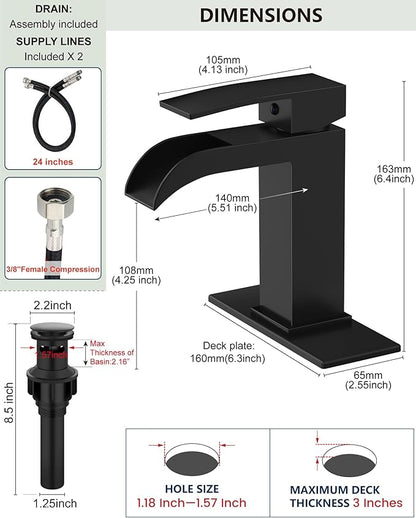 Midanya Waterfall Bathroom Faucet, Single Handle Bathroom Sink Faucet for Sink 1 or 4 Inch 3 Hole, Stainless Steel Vanity Faucets with Deck Plate and Pop up Drain,Matte Black