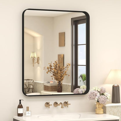 20x24 Inch Black Metal Framed Bathroom Mirror for Wall | Matte Black Bathroom Vanity Mirror, Anti-Rust, Rounded Rectangle, Hangs Horizontally or Vertically
