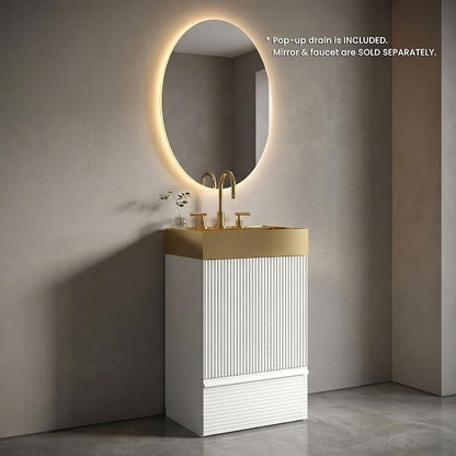 20″ Bathroom Vanity with Sink, Mid-Century Modern Fluted Style, Matte White | Gold Stainless Steel Sink, Soft-Close Drawer & Door, Organized Storage for Small Space, Powder Room, Apartment, Hotel