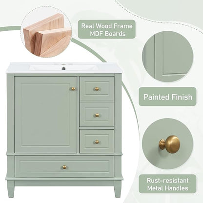 Merax Bathroom Vanity with Ceramic Sink 30 Inch, Cabinet with One Door and Three Drawers, Soft-Closing Door, Solid Wood Legs, Green