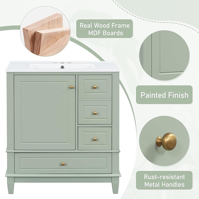 30" Vanity with Sink, Bathroom Vanities 30 Inch with Sink, Single Sink Bathroom Vanity with Door Shelf and Three Drawers, Restroom Vanity with Sink Top (Light Green)