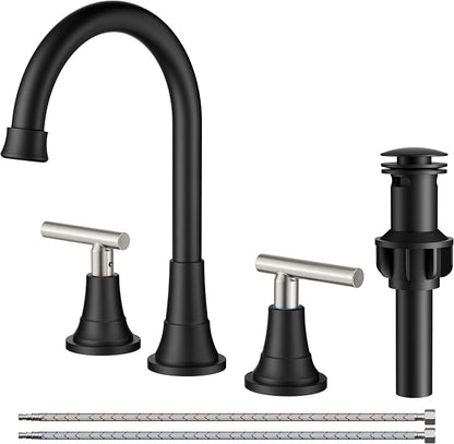 FORIOUS 8Inch Widespread Brushed Nickel and Black Bathroom Faucet 3 Holes | FORIOUS Black and Brushed Nickel Bathroom Sink Faucet 3 Hole, 2 Handle Spread Sink Faucet Bathroom 3 Hole, Bath Renovation