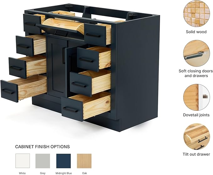 ARIEL Hepburn 42-inch Bathroom Vanity Base Cabinet,Solid Wood, 2 Soft Closing Doors, 9 Dovetail Drawers, Midnight Blue