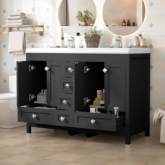 46.7 inch Bathroom Sink Vanity Combo, Large Freestanding Double Bath Vanity Sink Set with 2 Cabinets & 6 Drawers, Dual Basin Modern Bathroom Storage Cabinet, Black