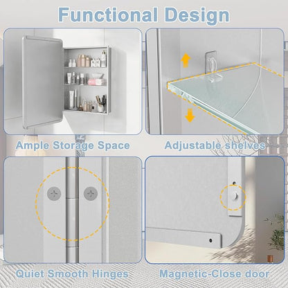 20x28 in Bathroom Medicine Cabinet with Mirror, Matte Silver | Fully Assembled; Recessed or Surface Wall Mount; Metal Cabinet with Tempered Glass Mirror and Two Adjustable Glass Shelves