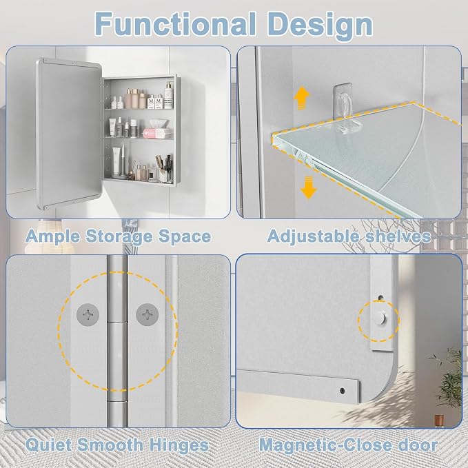16x24 in Bathroom Medicine Cabinet with Mirror, Matte Silver | Fully Assembled; Recessed or Surface Wall Mount; Metal Cabinet with Tempered Glass Mirror and Two Adjustable Glass Shelves