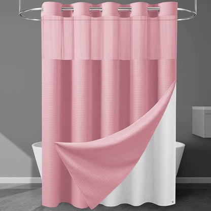 EUTXL 256GSM Heavyweight Shower Curtain with Liner - Waffle Textured Heavy Duty Shower Curtains for Bathroom,71W x 74H,Pink